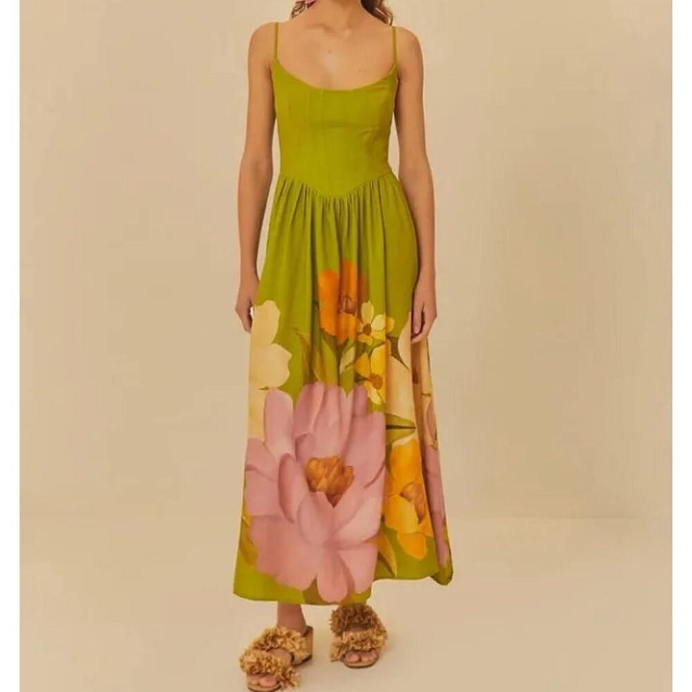 FARM Rio Olive Green Midi Dress with Pink & Yellow Floral Hem